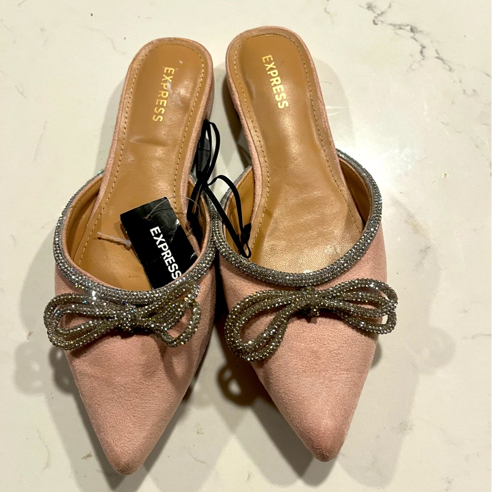 NWOT express flat kitten heel pointed toe pink Sparkly silver rhinestone bow